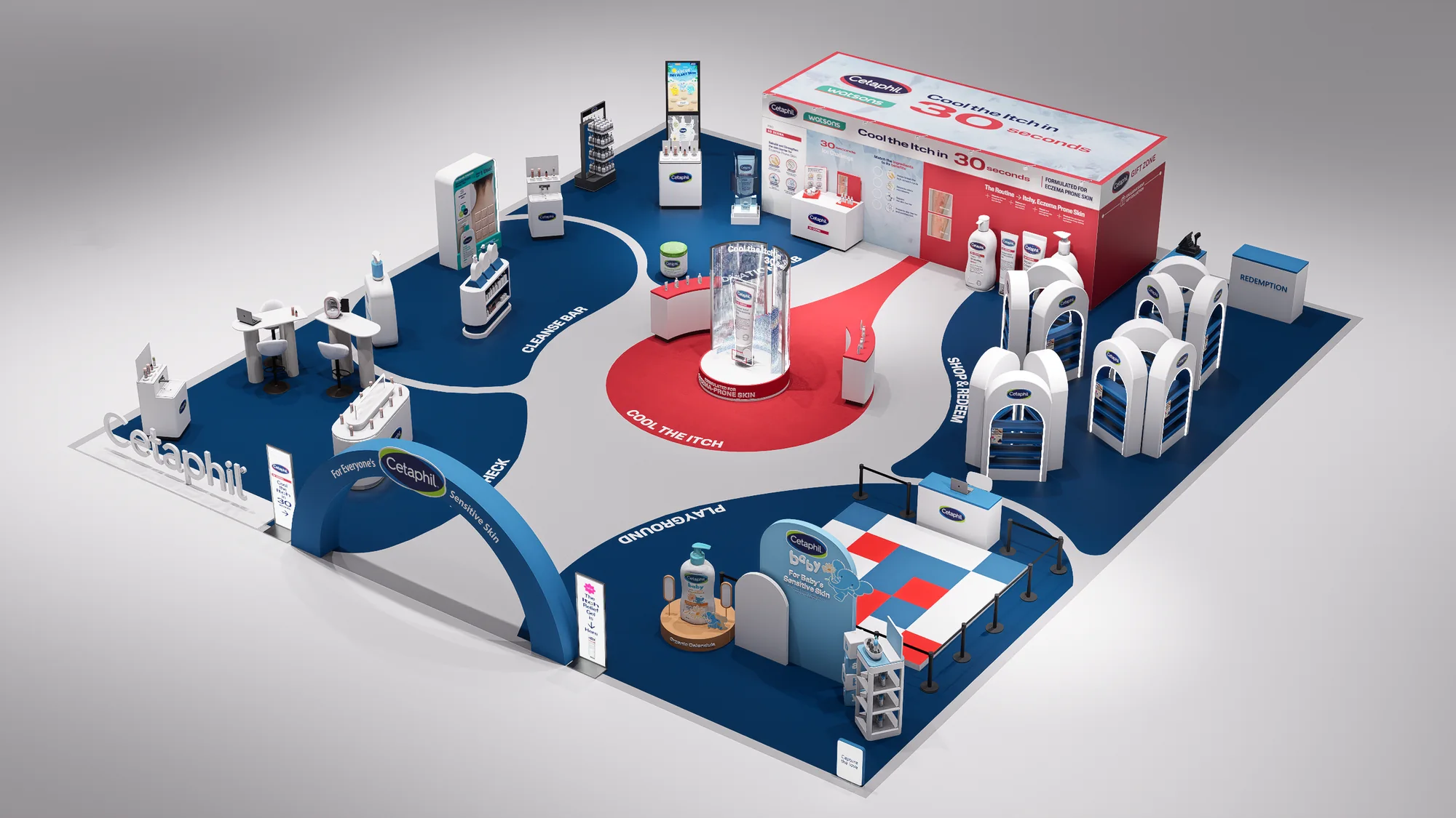Render of the whole roadshow from above: the arch, the zones and the central Cool the itch display