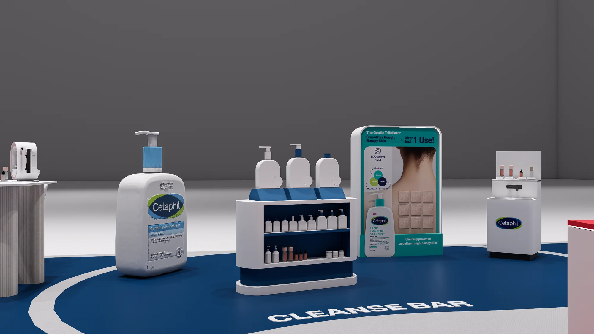 Render of the Cleanse bar, with an oversized cleanser bottle and product shelves