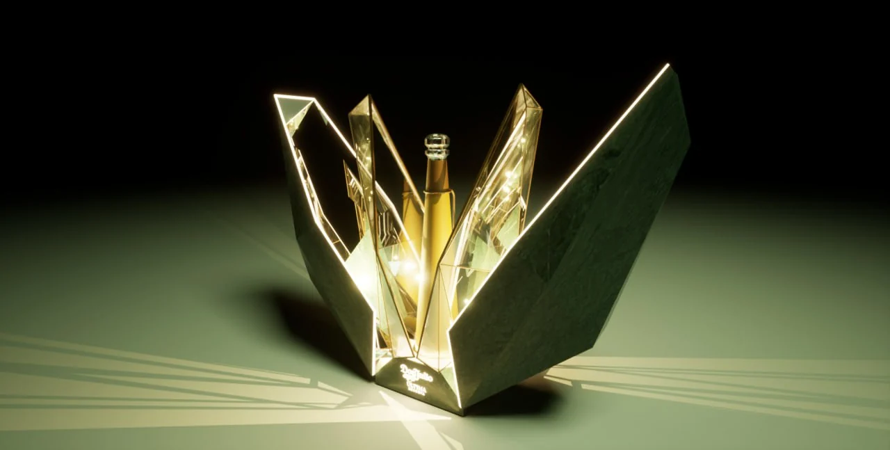 Render from a three-quarter angle, with the petals casting long shadows across the floor
