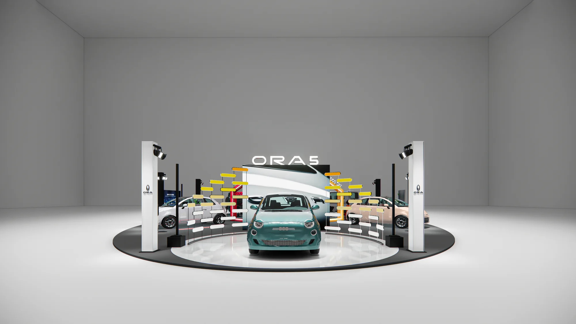 Render of the ORA 5 on the turntable under the ORA 5 sign