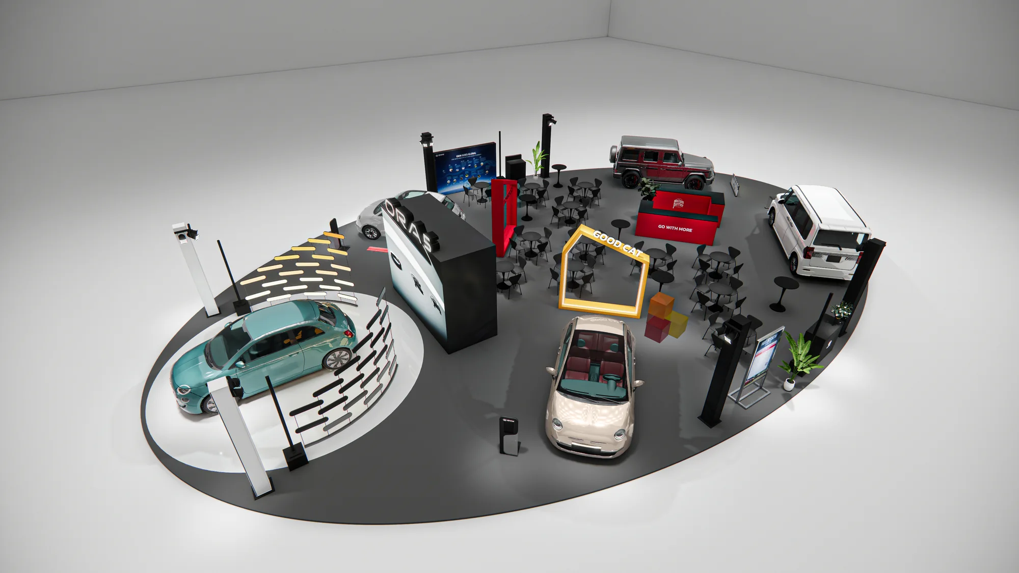 Overhead render of the stand with the ORA 5 on the turntable and the lounge behind