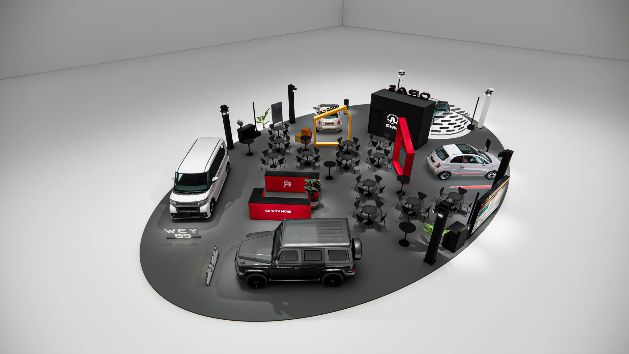 Overhead render from the other side, with the Haval V7 and WEY G9 in front