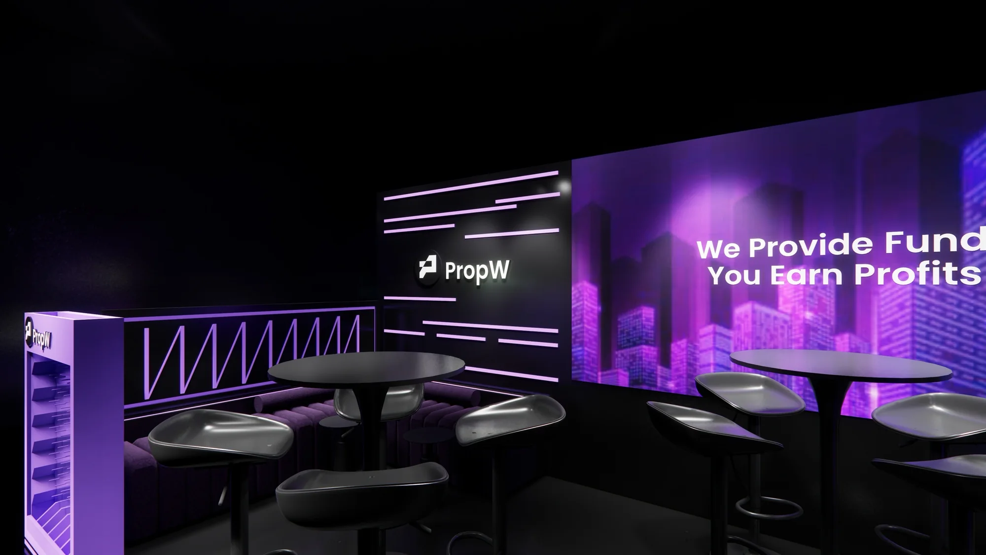 Render of the lounge in front of the purple skyline wall