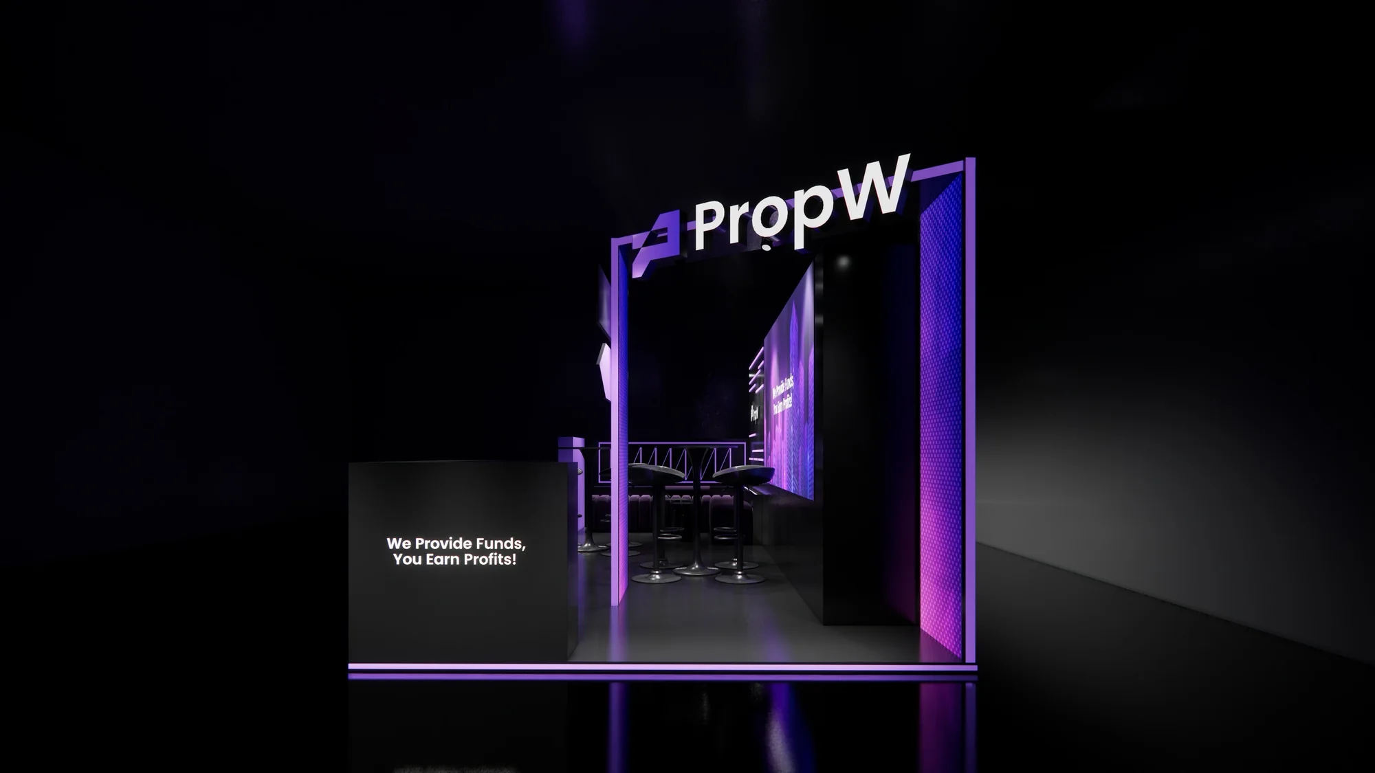 Render of the booth from the back corner, with the logo tower