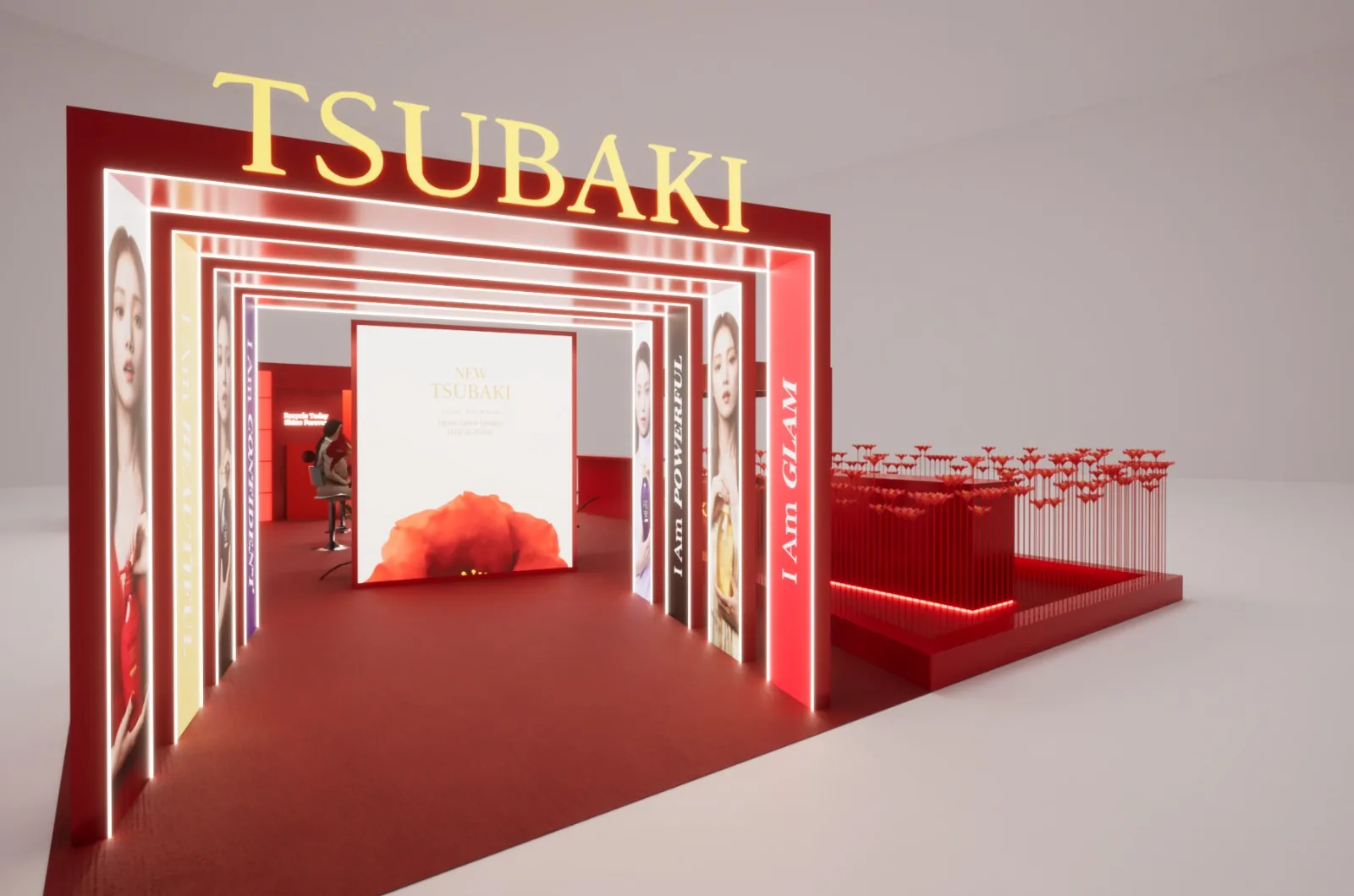 Render of the entrance: a lit red tunnel under the TSUBAKI name, with a field of folded camellias to the side