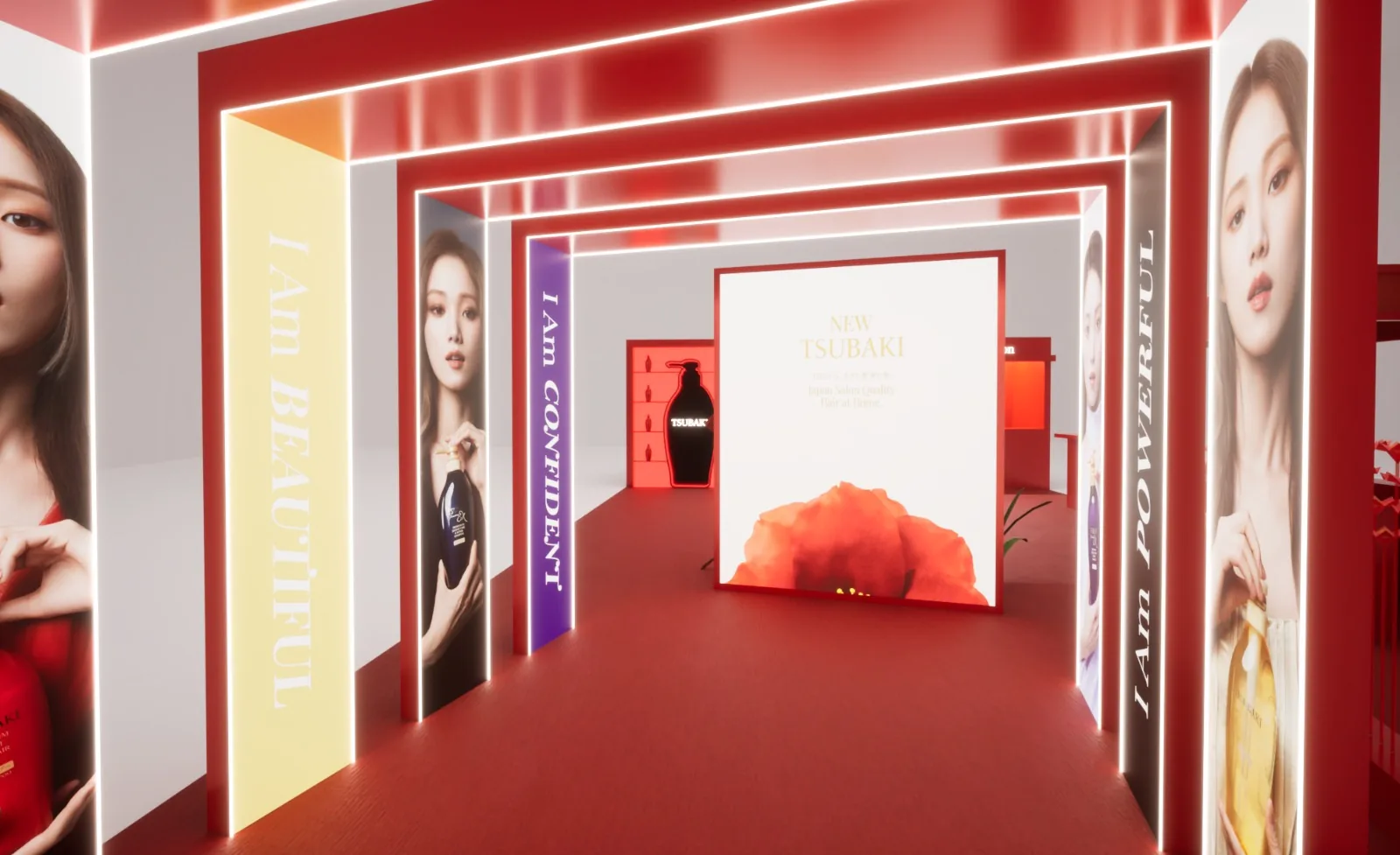 Render inside the tunnel, lined with I am portraits and leading to the New TSUBAKI screen