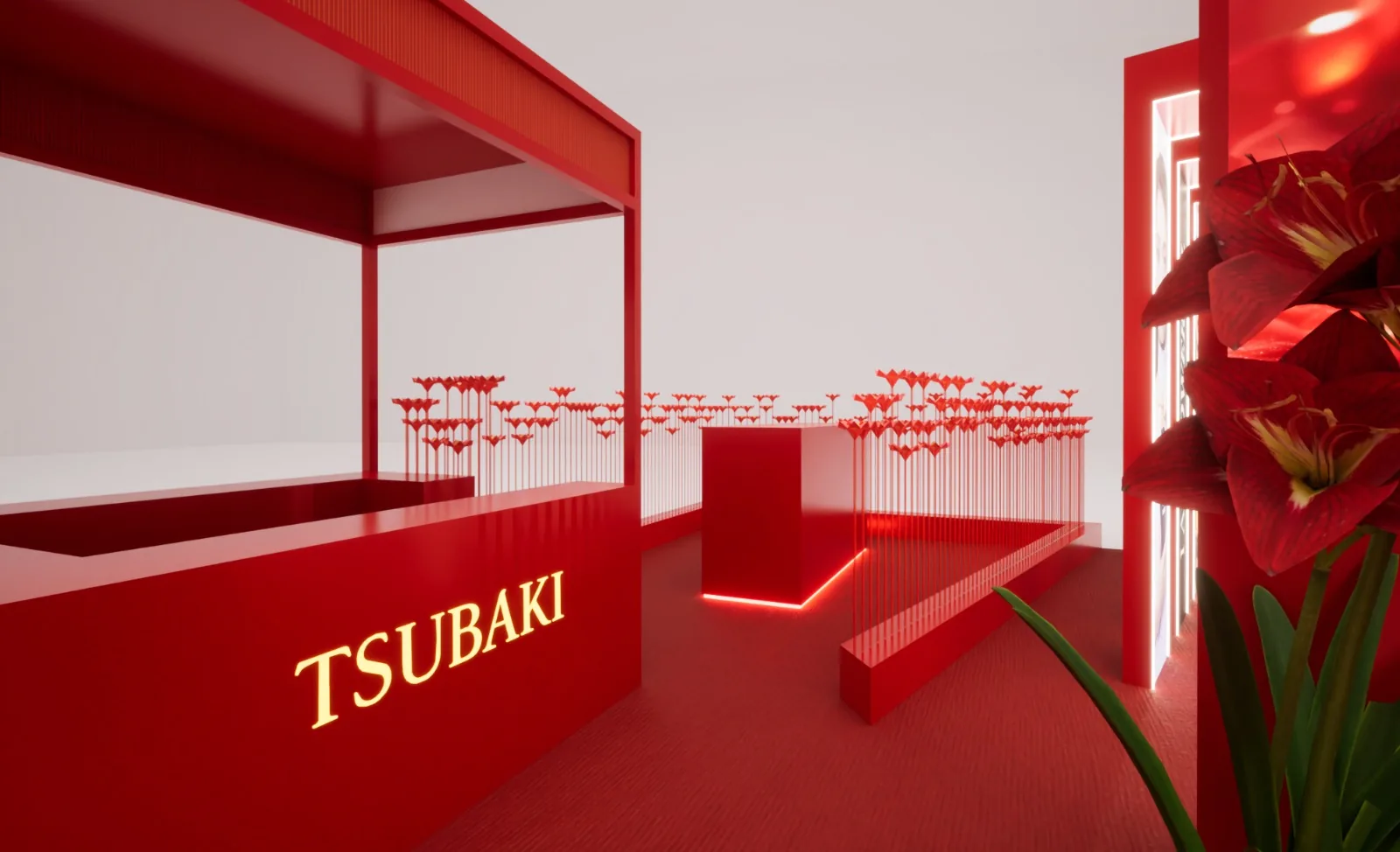Render of the red kiosk beside the folded camellia field