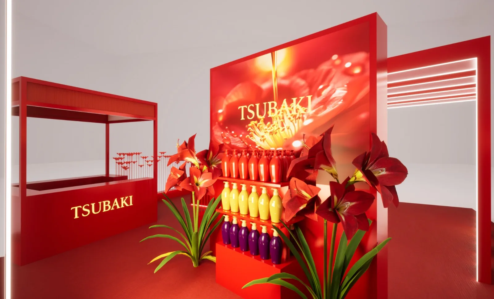 Render of the product wall, framed by amaryllis, with the camellia oil visual behind