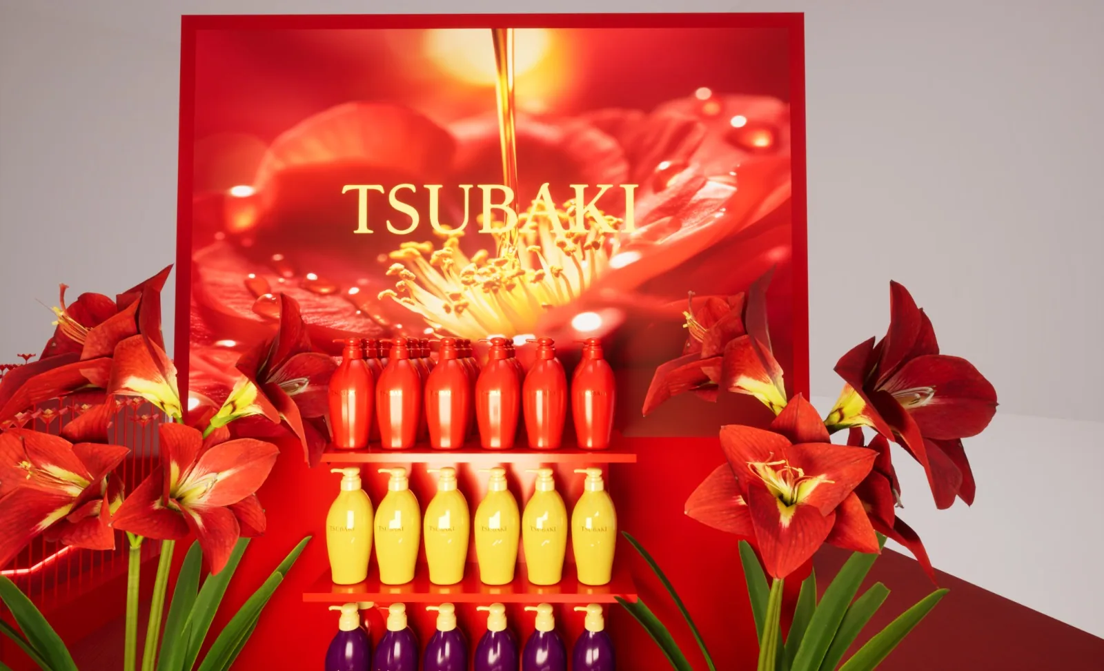 Close-up render of the product wall, with the camellia oil visual and amaryllis