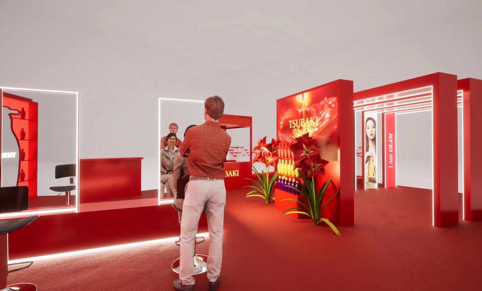 Render of a visitor at the styling mirrors, with the product wall and tunnel behind