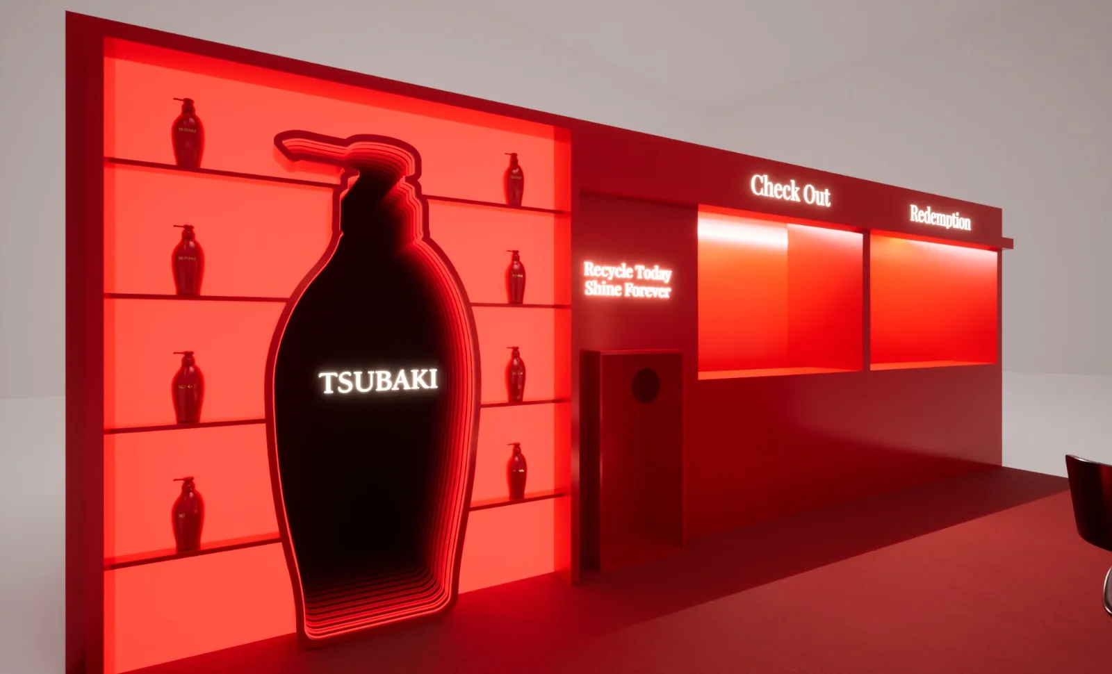Render of the infinity bottle wall beside the recycling point, checkout and redemption